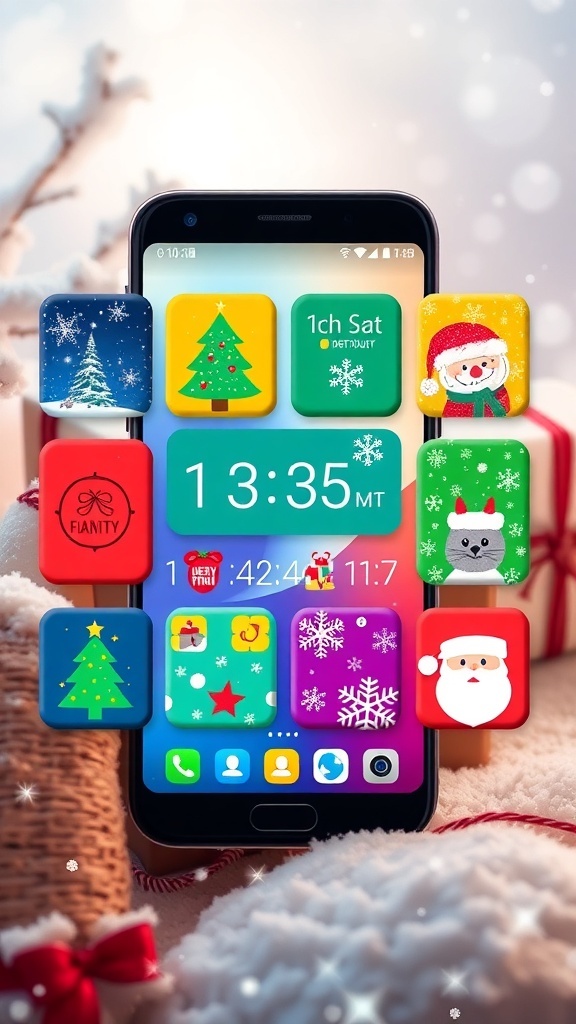 Smartphone screen displaying Christmas-themed wallpaper widgets with festive designs and countdown.